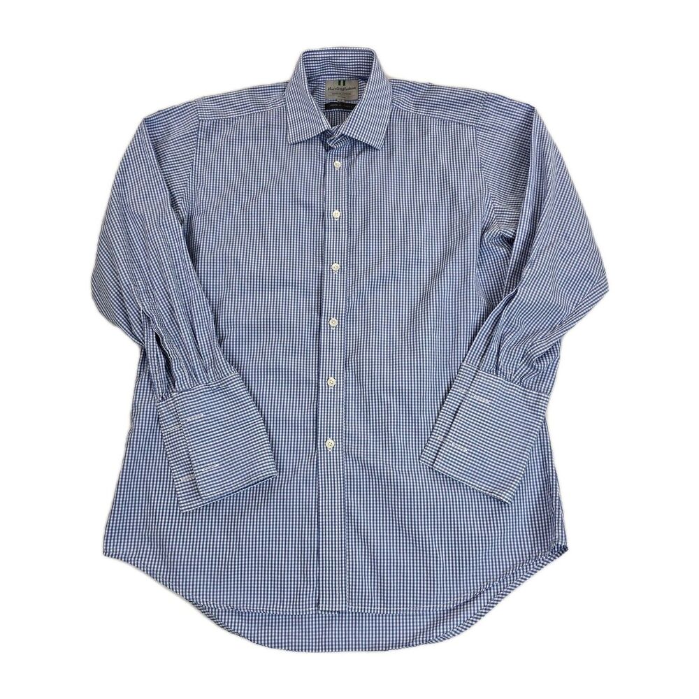Harvie & Hudson Shirt Mens 16R Blue White Gingham Jermyn St Classic French Cuff